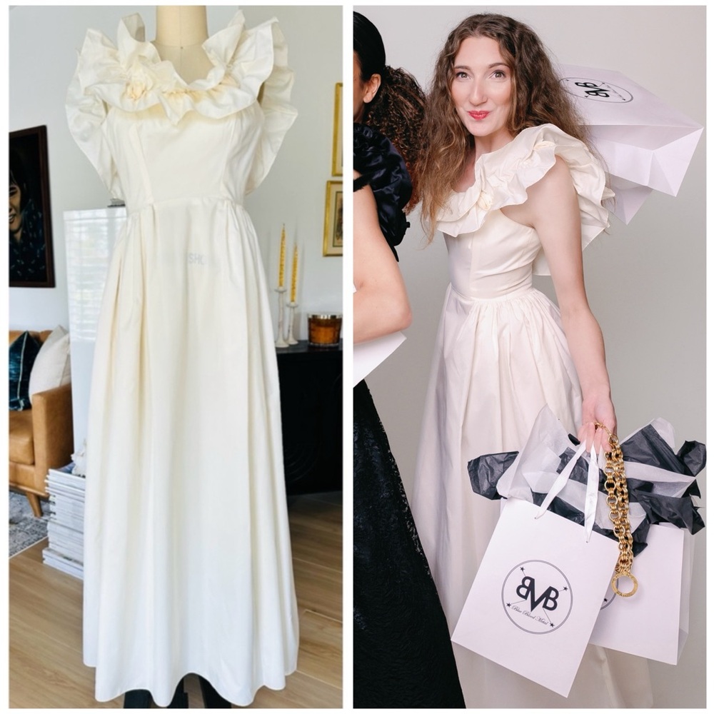 Vintage Cream Ruffle Maxi Dress with Rosettes